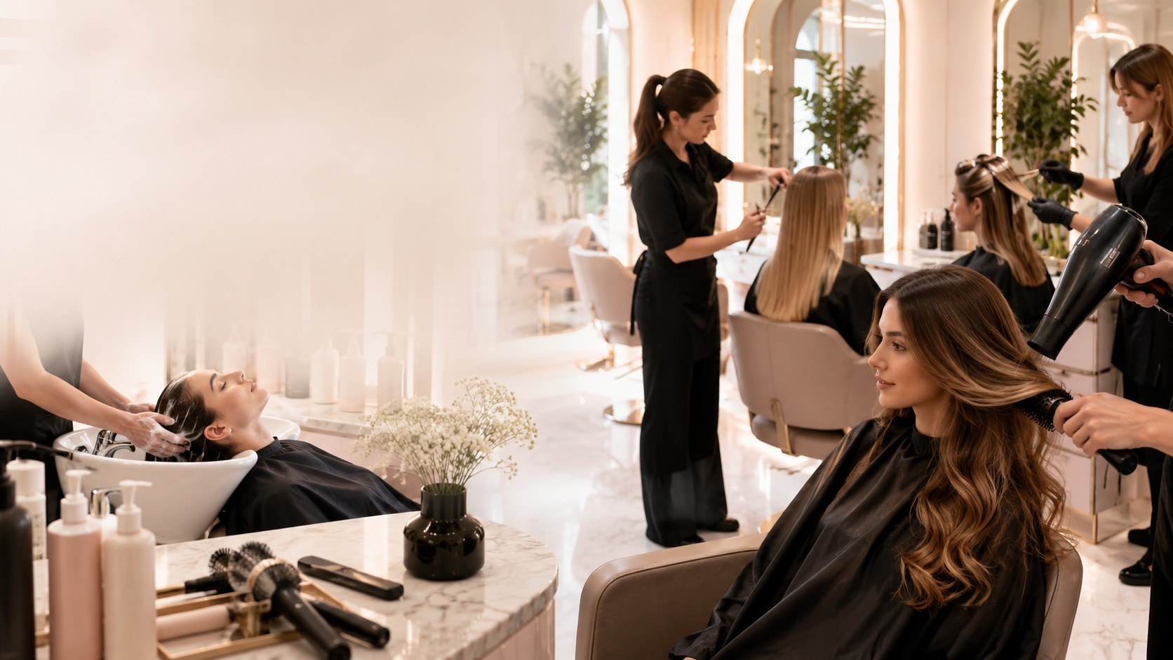 Salón de peluquería para mujeres con varios servicios en acción